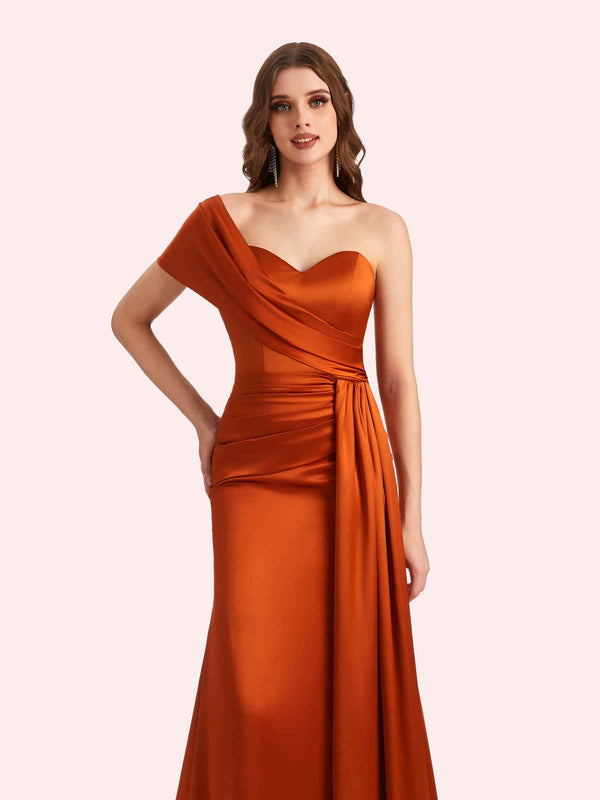 Sexy One Shoulder Sleeveless Mermaid Soft Satin Long Matron of Honor Dress For Wedding