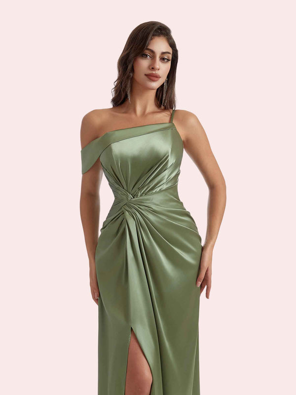 Elegant Mermaid Pleats Side Slit Off Shoulder Spaghetti Strap Soft Satin Long Bridesmaid Dress For Wedding