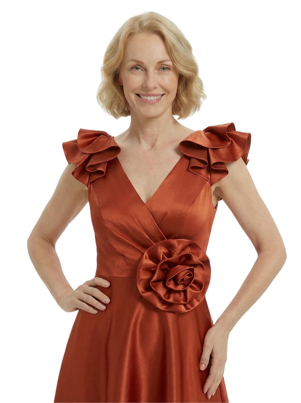 Stunning V-Neck High-Low Ruffled Sleeves Satin Mother Of The Bride Dress