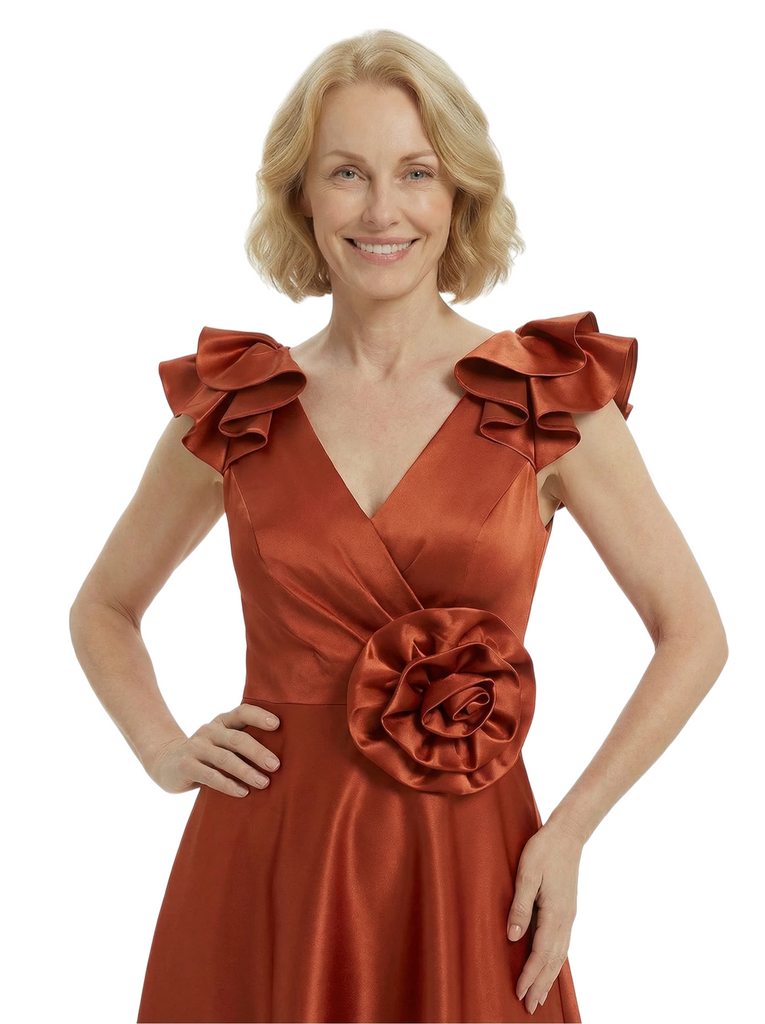 Stunning V-Neck High-Low Ruffled Sleeves Satin Mother Of The Bride Dress