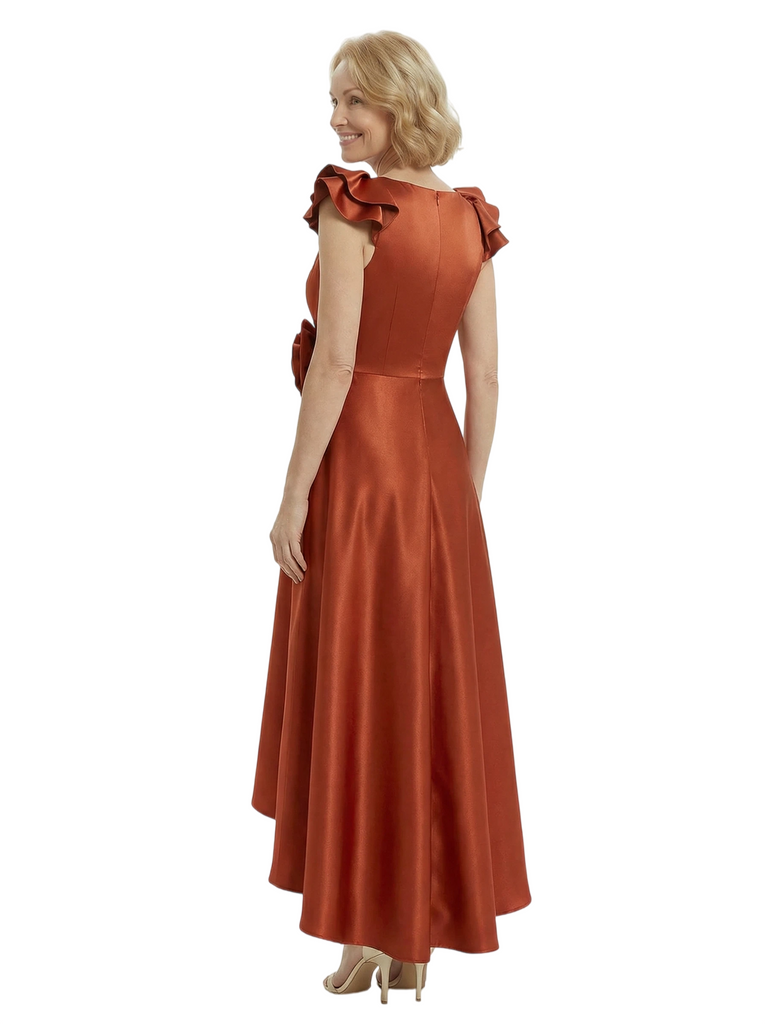 Stunning V-Neck High-Low Ruffled Sleeves Satin Mother Of The Bride Dress