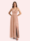 Elegant V-neck Sleeveless A-line Soft Satin Long Matron of Honor Dress For Wedding