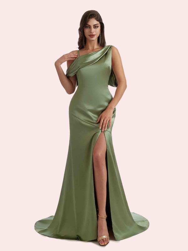 Elegant Asymmetrical Mermaid Pleats Side Slit Off Shoulder Spaghetti Strap Soft Satin Long Bridesmaid Dress For Wedding