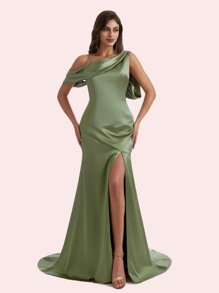Elegant Asymmetrical Mermaid Pleats Side Slit Off Shoulder Spaghetti Strap Soft Satin Long Bridesmaid Dress For Wedding Elegant Asymmetrical Mermaid Pleats Side Slit Off Shoulder Spaghetti Strap Soft Satin Long Bridesmaid Dress For Wedding