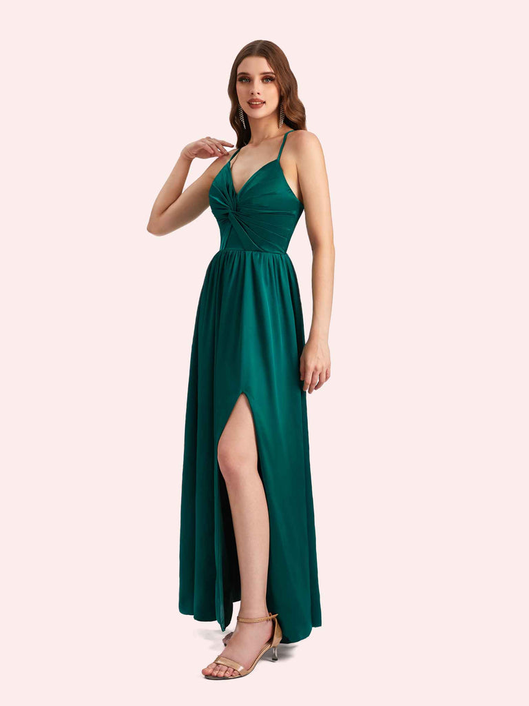 Elegant V-neck Sleeveless A-line Soft Satin Long Matron of Honor Dress For Wedding