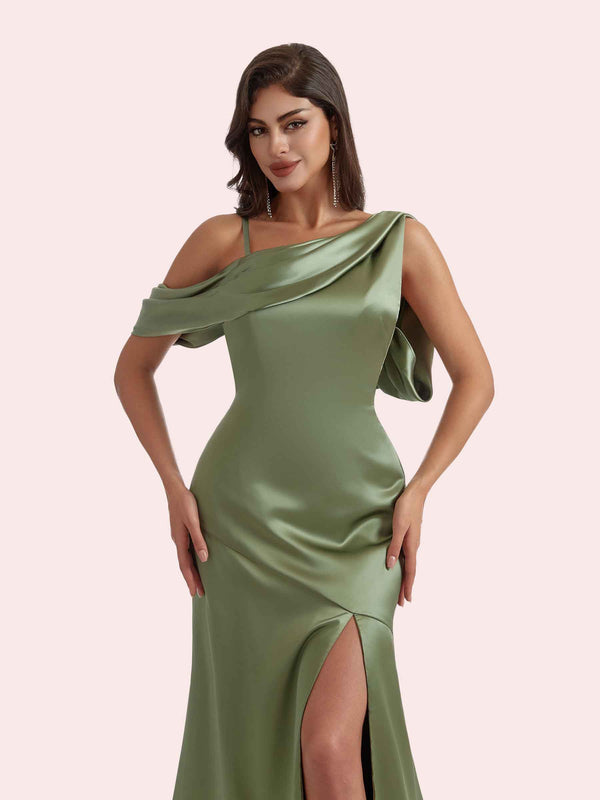 Elegant Asymmetrical Mermaid Pleats Side Slit Off Shoulder Spaghetti Strap Soft Satin Long Bridesmaid Dress For Wedding