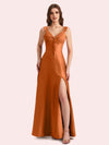 Sexy Side Slit V-neck A-line Soft Satin Long Matron of Honor Dress For Wedding
