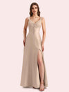 Sexy Side Slit V-neck A-line Soft Satin Long Matron of Honor Dress For Wedding