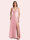 Sexy Side Slit V-neck A-line Soft Satin Long Matron of Honor Dress For Wedding
