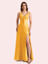 Sexy Side Slit V-neck A-line Soft Satin Long Matron of Honor Dress For Wedding