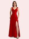Sexy Side Slit V-neck A-line Soft Satin Long Matron of Honor Dress For Wedding