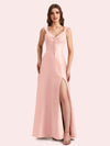 Sexy Side Slit V-neck A-line Soft Satin Long Matron of Honor Dress For Wedding
