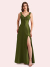 Sexy Side Slit V-neck A-line Soft Satin Long Matron of Honor Dress For Wedding