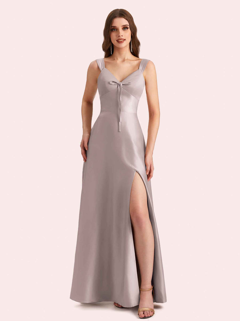 Sexy Side Slit V-neck A-line Soft Satin Long Matron of Honor Dress For Wedding