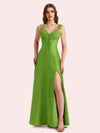 Sexy Side Slit V-neck A-line Soft Satin Long Matron of Honor Dress For Wedding