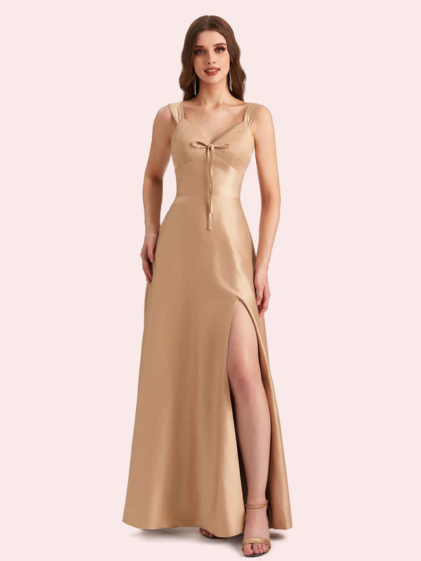 Sexy Side Slit V-neck A-line Soft Satin Long Matron of Honor Dress For Wedding