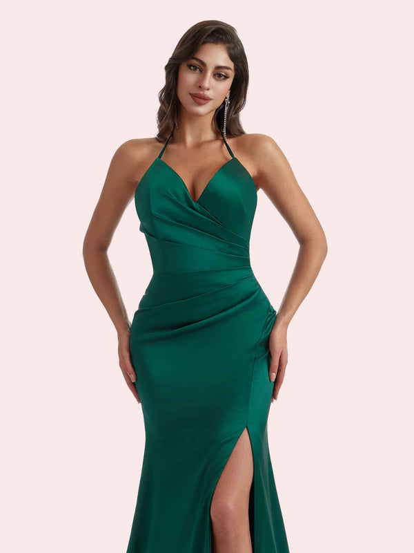 Gorgeous V-neck Mermaid Pleats Side Slit Halter Soft Satin Long Bridesmaid Dress For Wedding