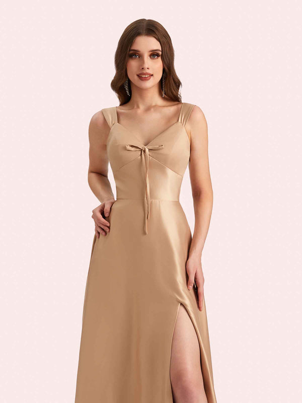 Sexy Side Slit V-neck A-line Soft Satin Long Matron of Honor Dress For Wedding