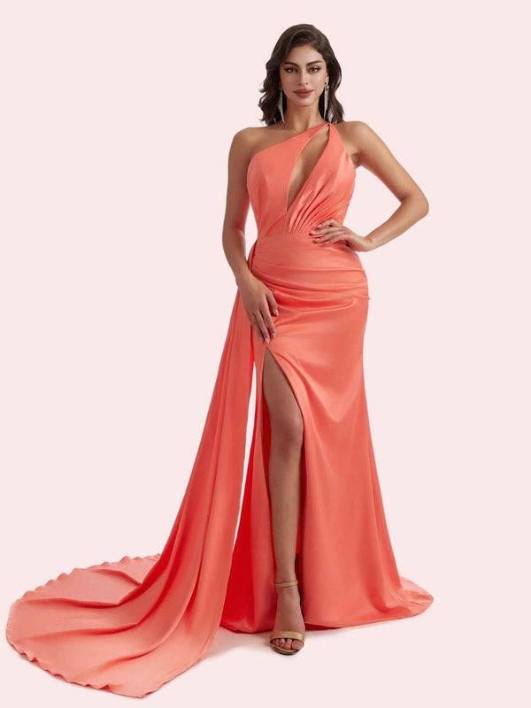 Gorgeous One Shoulder Mermaid Pleats Side Slit Soft Satin Long Bridesmaid Dress For Wedding