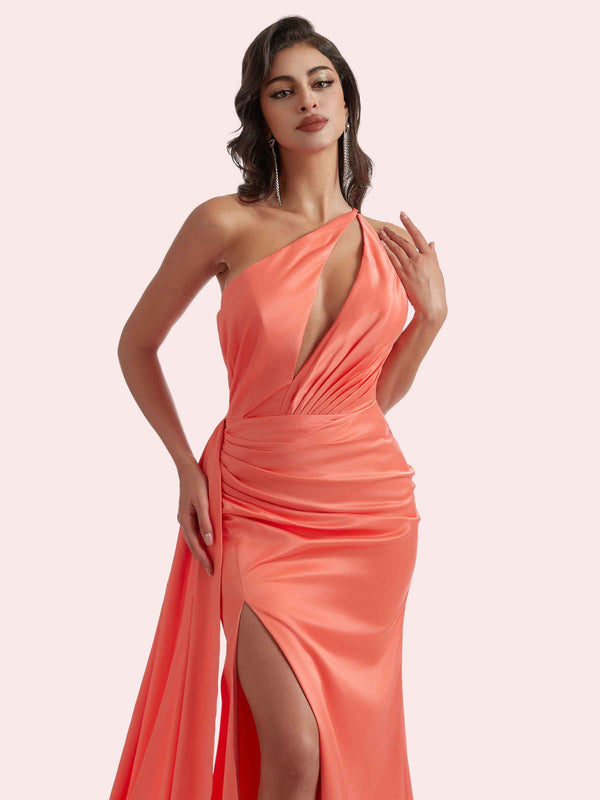Gorgeous One Shoulder Mermaid Pleats Side Slit Soft Satin Long Bridesmaid Dress For Wedding