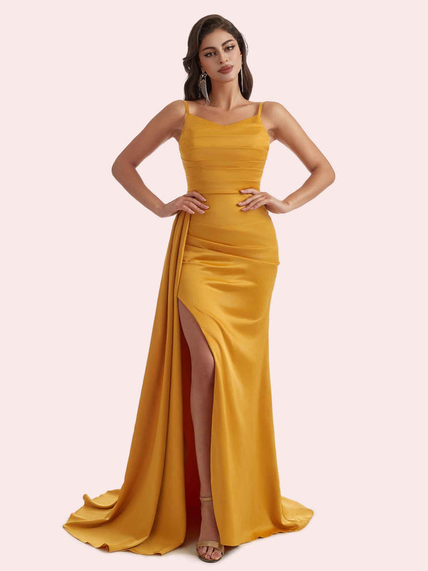 Gorgeous V Neck Mermaid Pleats Side Slit Soft Satin Long Bridesmaid Dress For Wedding