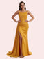 Gorgeous V Neck Mermaid Pleats Side Slit Soft Satin Long Bridesmaid Dress For Wedding