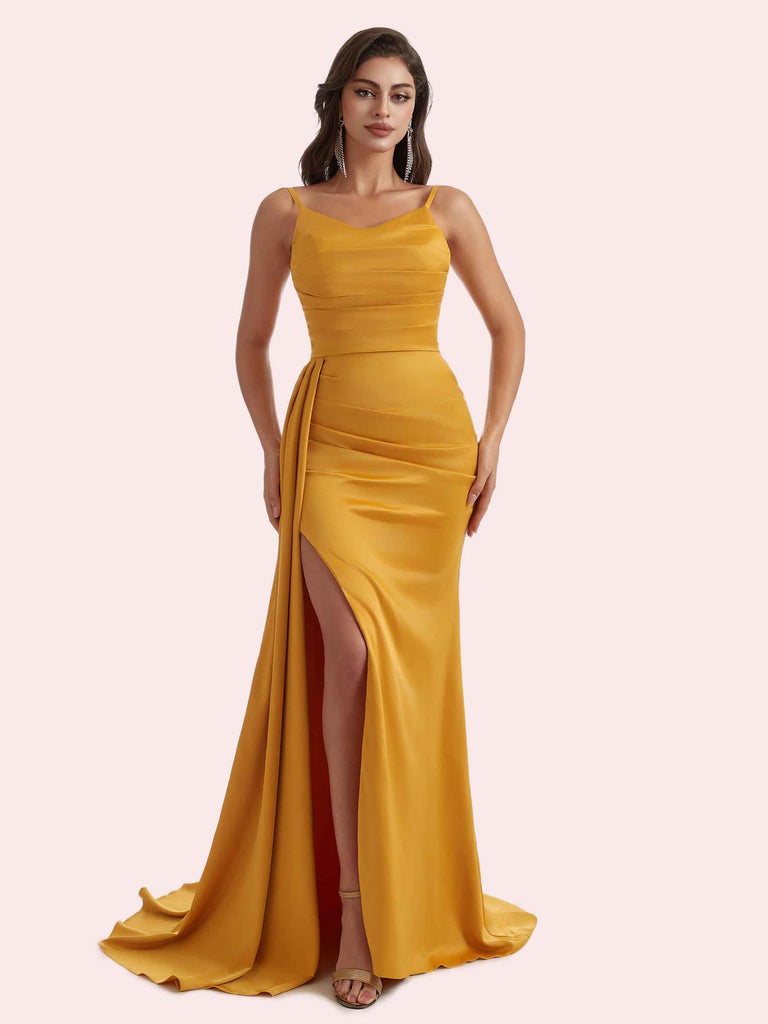 Gorgeous V Neck Mermaid Pleats Side Slit Soft Satin Long Bridesmaid Dress For Wedding Gorgeous V Neck Mermaid Pleats Side Slit Soft Satin Long Bridesmaid Dress For Wedding