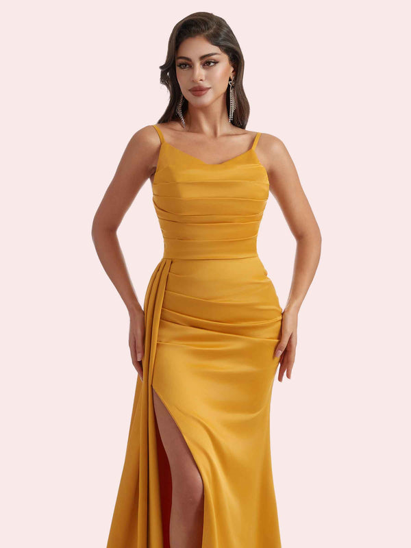 Gorgeous V Neck Mermaid Pleats Side Slit Soft Satin Long Bridesmaid Dress For Wedding