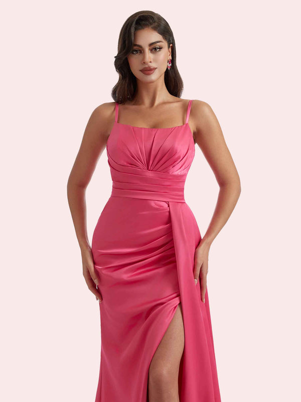Gorgeous Square Mermaid Pleats Side Slit Soft Satin Long Bridesmaid Dress For Wedding
