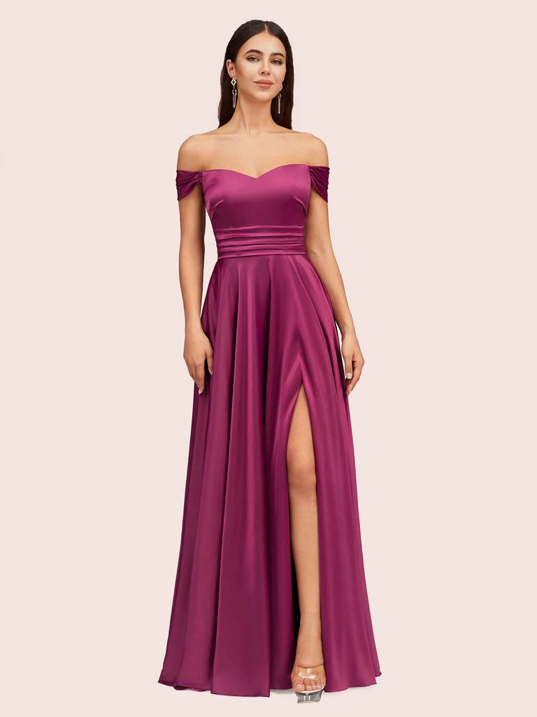 Sexy Off Shoulder Side Slit A-Line Long Soft Satin Bridesmaid Dresses Online For Sale