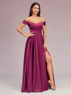 Sexy Off Shoulder Side Slit A-Line Long Soft Satin Bridesmaid Dresses Online For Sale