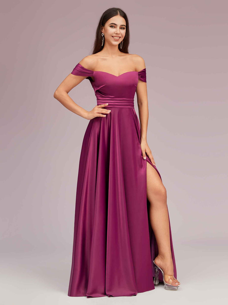 Sexy Off Shoulder Side Slit A-Line Long Soft Satin Bridesmaid Dresses Online For Sale