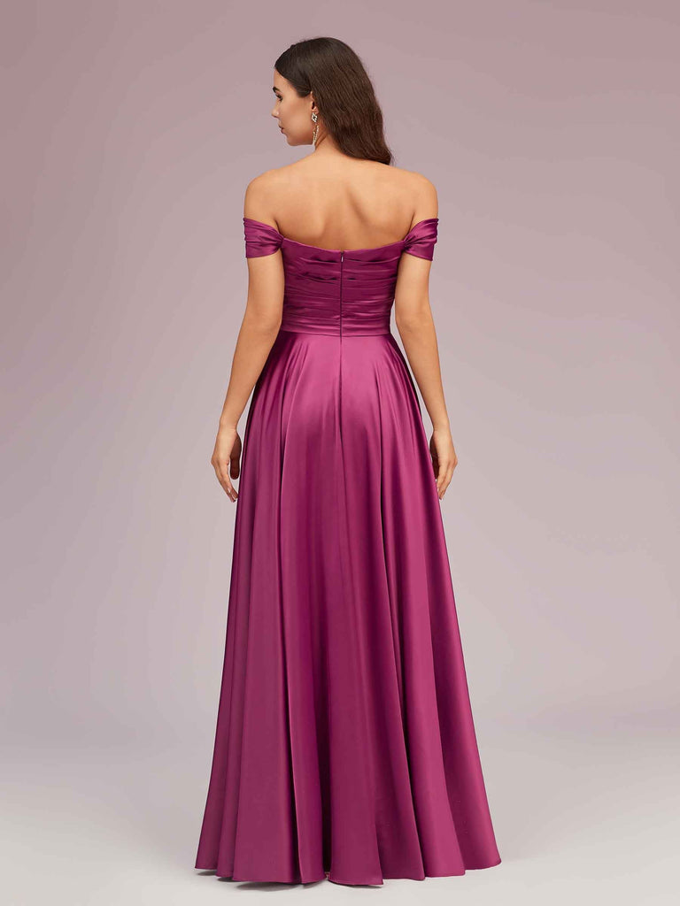 Sexy Off Shoulder Side Slit A-Line Long Soft Satin Bridesmaid Dresses Online For Sale