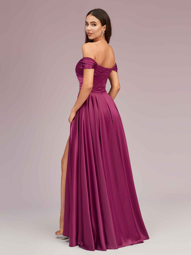 Sexy Off Shoulder Side Slit A-Line Long Soft Satin Bridesmaid Dresses Online For Sale