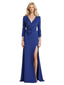 Elegant V-Neck 3/4 Sleeves Satin Side Slit Long Mother of The Bride Formal Dresses