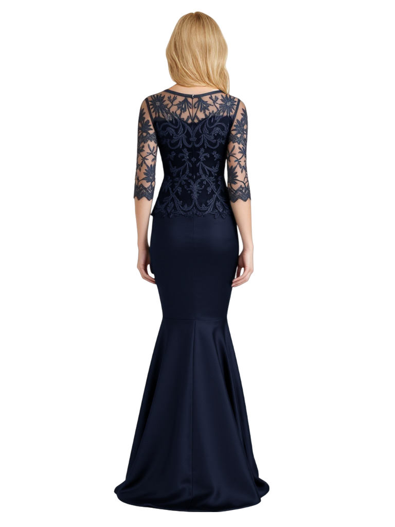 Elegant Half Sleeves Mermaid Lace Satin Floor-Length Mother of the Bride Dresses Side Slit