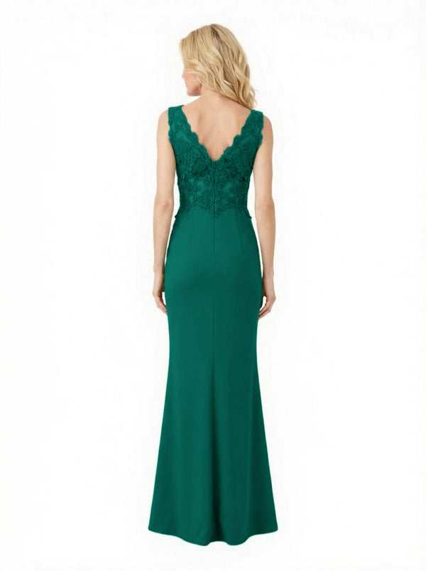 Elegant Crepe V-Neck Side Slit Lace Mermaid Long Mother of the Bride and Groom Dresses