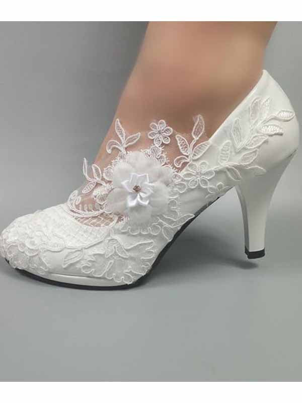 elegant shoes for white dress Dress First Wedding Shoes for Bride Women Pump Faux Leather High Heel Closed Toe Flower Rhinestone Lace Elegant Slip On Shoes