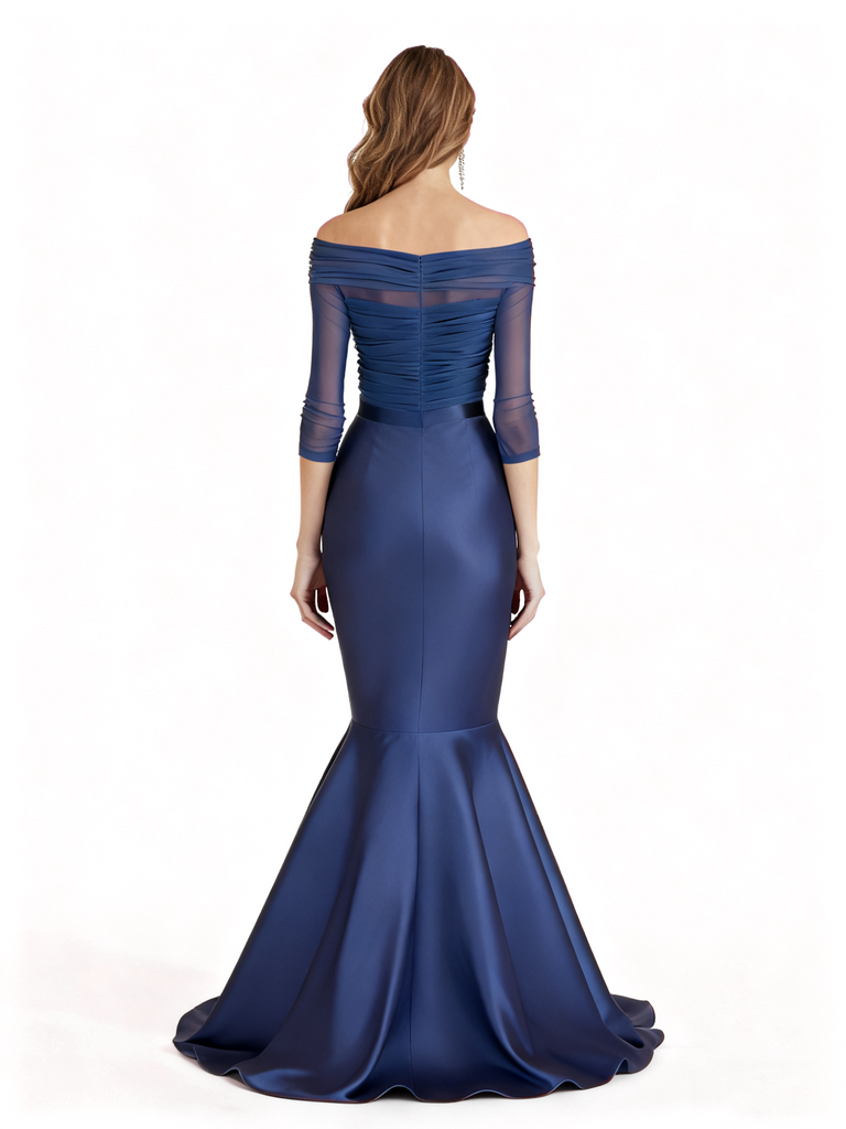 Elegant Off The Shoulder Long Sleeves Satin Mermaid Long Mum Dresses For Wedding