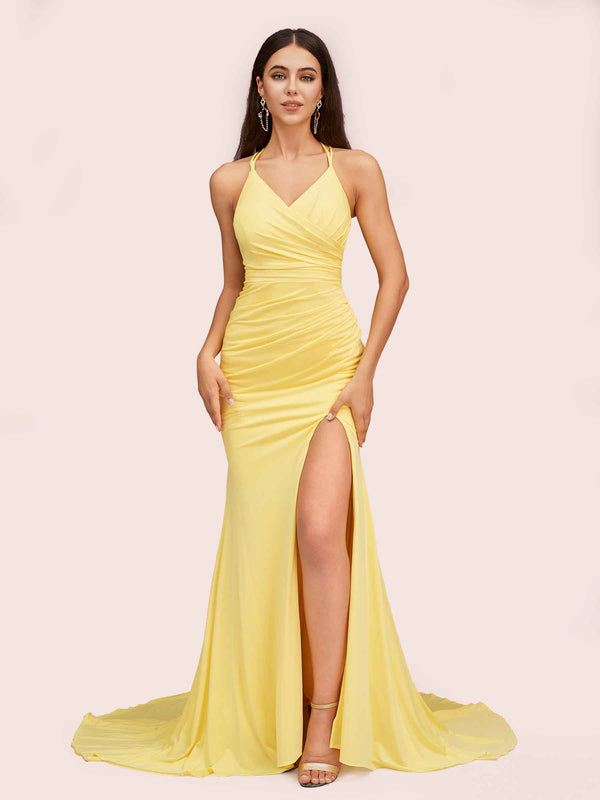 Sexy Spaghetti Straps Sleeveless Mermaid Long Bridesmaid Dresses With Slit