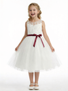 Classic Floral Lace Flower Girl Dress with Soft Tulle Skirt and Burgundy Waist Bow