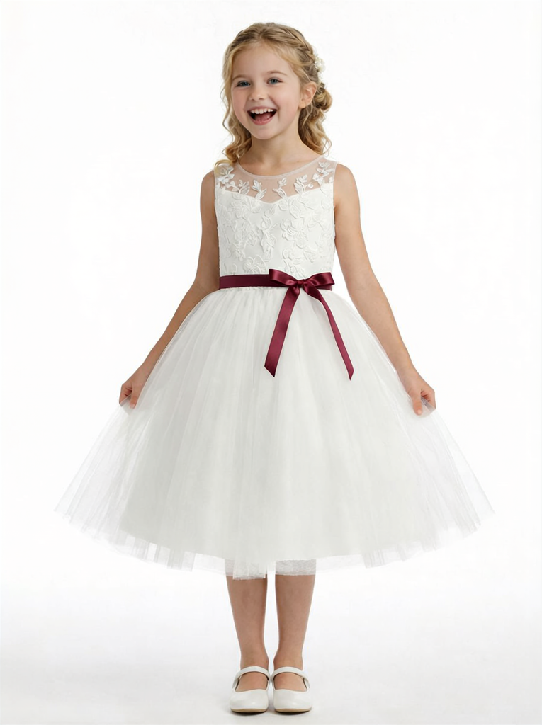 Classic Floral Lace Flower Girl Dress with Soft Tulle Skirt and Burgundy Waist Bow