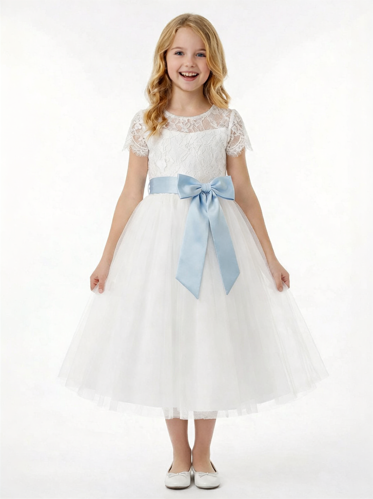 Lace Flower Girl Dress for Wedding with Round Neck Short Sleeves Tulle A Line Formal Gown