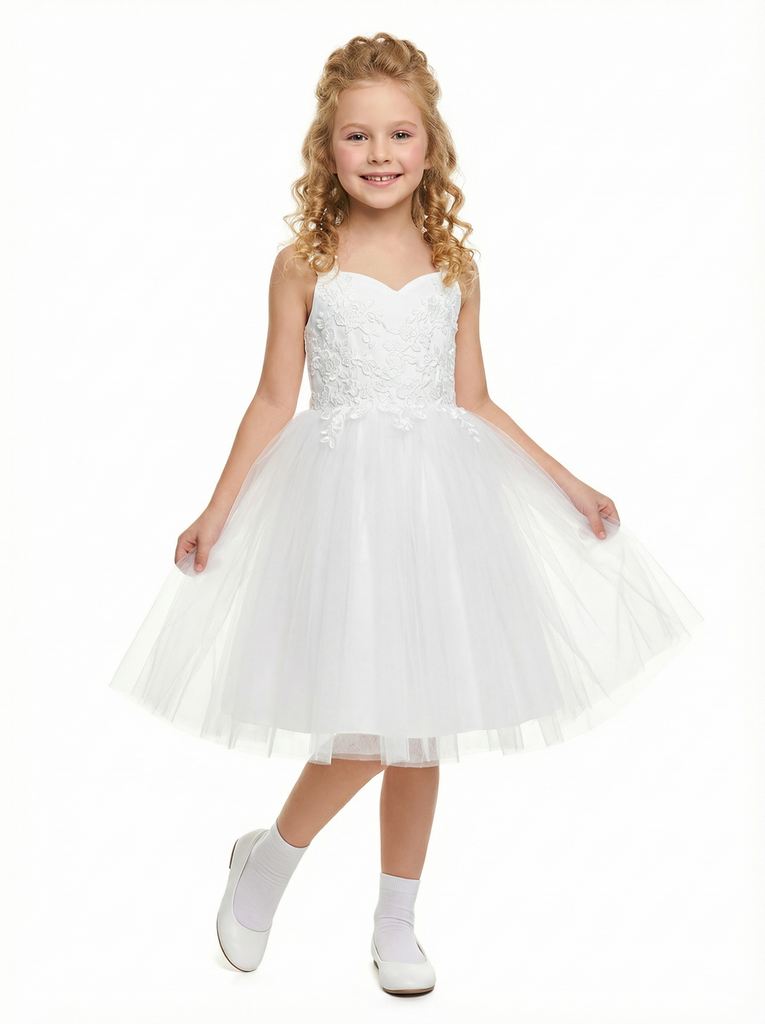 Sweetheart Lace Flower Girl Dress, Strapless Tulle Ball Gown, Appliqu¨¦ Bodice, Floor Length