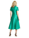 Elegant V-Neck Short Sleeves Satin Tea-Length Mother of The Bride Dresses