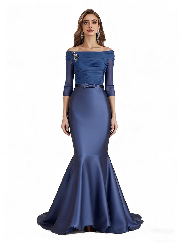 Elegant Off The Shoulder Long Sleeves Satin Mermaid Long Mum Dresses For Wedding