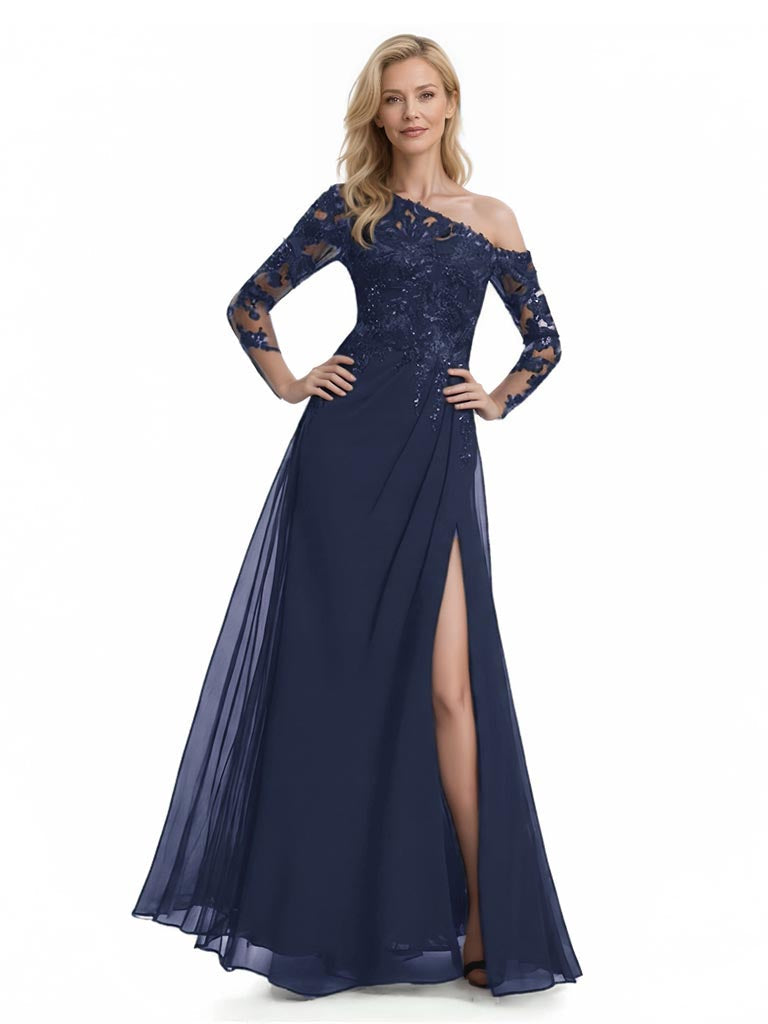 Elegant Lace Long Sleeves Asymmetrical Chiffon Side Slit A-Line Mother Of The Bride Dresses Hot-Pink