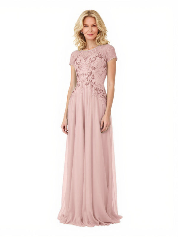 Elegant Chiffon A-Line Short Sleeves Lace Applique Long Mother of The Bride Dresses