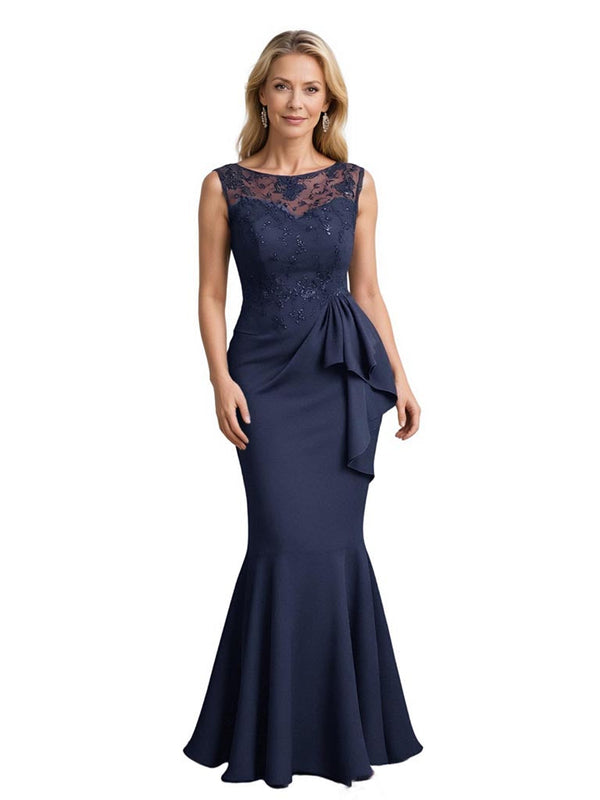 Elegant Lace Ruffles Mermaid Crepe Long Mother of The Bride and Groom Dresses