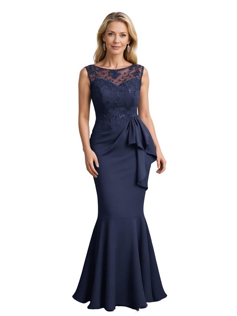 Elegant Lace Ruffles Mermaid Crepe Long Mother of The Bride and Groom Dresses